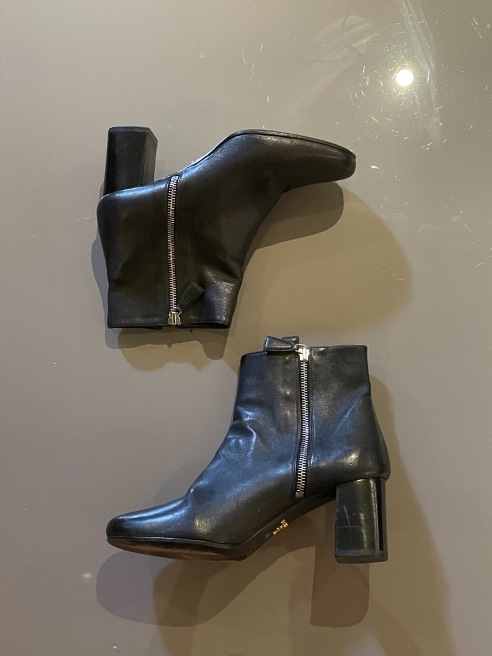 PRADA Black Leather Shearling-Lined Ankle Boots Side Double Zip EU 37.5 / US 7.5